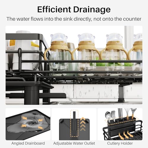 SNTD Dish Drying Rack - Extendable Dish Rack, Large Sink Drying Dish Drainer for Kitchen Counter, Stainless Steel Dish Strainer with Utensil Holder (Black) - My Kitchen Products