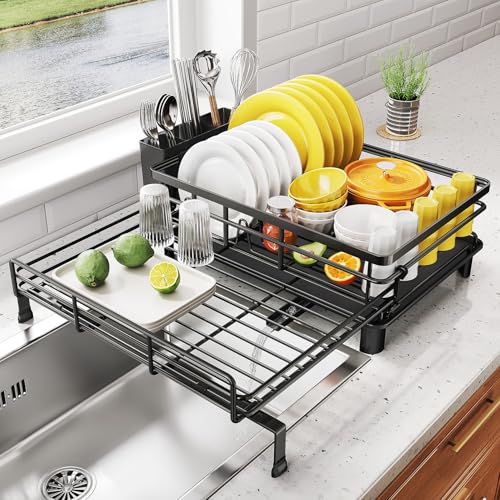 SNTD Dish Drying Rack - Extendable Dish Rack, Large Sink Drying Dish Drainer for Kitchen Counter, Stainless Steel Dish Strainer with Utensil Holder (Black) - My Kitchen Products