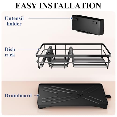 SNTD Dish Drying Rack for Kitchen Counter - Large Dish Rack with Drainboard, Rustproof Dish Drainer with Utensil Holder for Sink, Black - My Kitchen Products