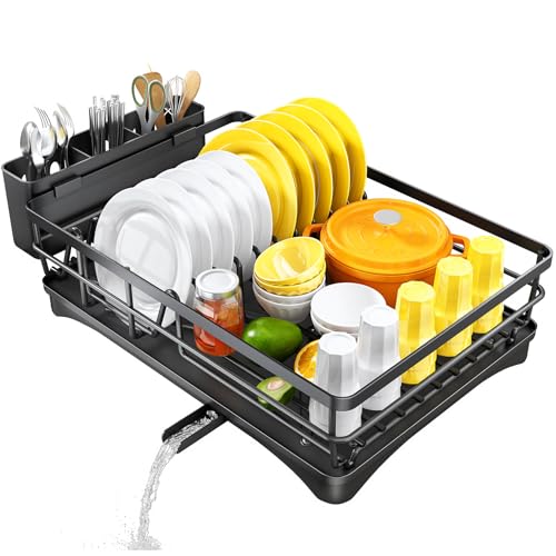 SNTD Dish Drying Rack for Kitchen Counter - Large Dish Rack with Drainboard, Rustproof Dish Drainer with Utensil Holder for Sink, Black - My Kitchen Products