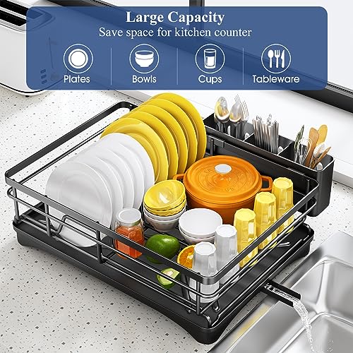 SNTD Dish Drying Rack for Kitchen Counter - Large Dish Rack with Drainboard, Rustproof Dish Drainer with Utensil Holder for Sink, Black - My Kitchen Products