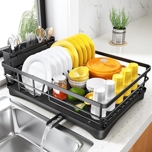 SNTD Dish Drying Rack for Kitchen Counter - Large Dish Rack with Drainboard, Rustproof Dish Drainer with Utensil Holder for Sink, Black - My Kitchen Products