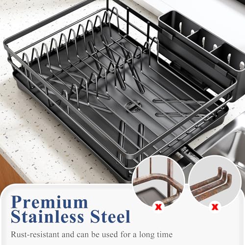 SNTD Dish Drying Rack for Kitchen Counter - Large Dish Rack with Drainboard, Rustproof Dish Drainer with Utensil Holder for Sink, Black - My Kitchen Products