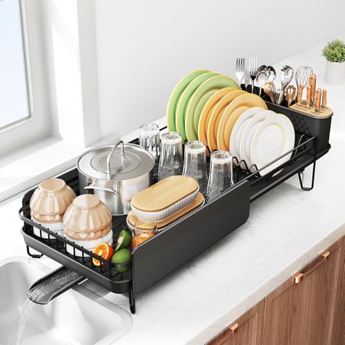 SNTD Dish Drying Rack - Large Dish Racks for Kitchen Counter, Expandable Dish Drainers with Cutlery Holder Stainless Steel Rustproof, Black - My Kitchen Products