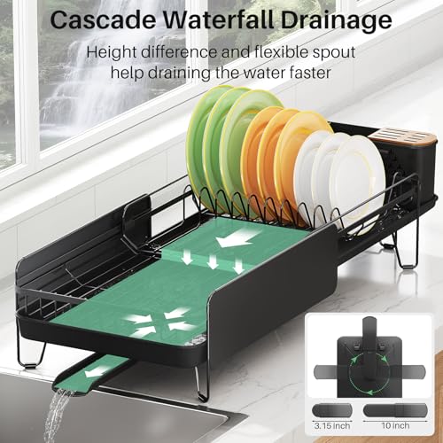 SNTD Dish Drying Rack - Large Dish Racks for Kitchen Counter, Expandable Dish Drainers with Cutlery Holder Stainless Steel Rustproof, Black - My Kitchen Products