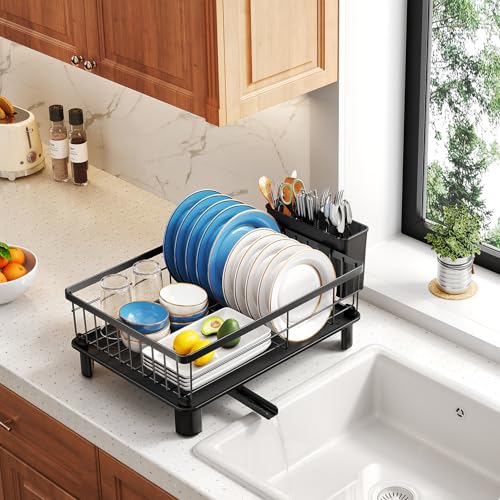 SNTD Dish Drying Rack - Space-Saving Dish Rack for Kitchen Counter, Stainless Steel Dish Drainer with Utensil Holder and Drainboard, 11" W x 15" L (Black) - My Kitchen Products