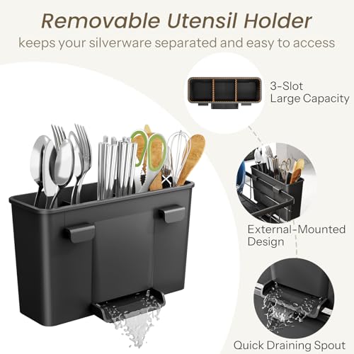 SNTD Dish Drying Rack - Space-Saving Dish Rack for Kitchen Counter, Stainless Steel Dish Drainer with Utensil Holder and Drainboard, 11" W x 15" L (Black) - My Kitchen Products