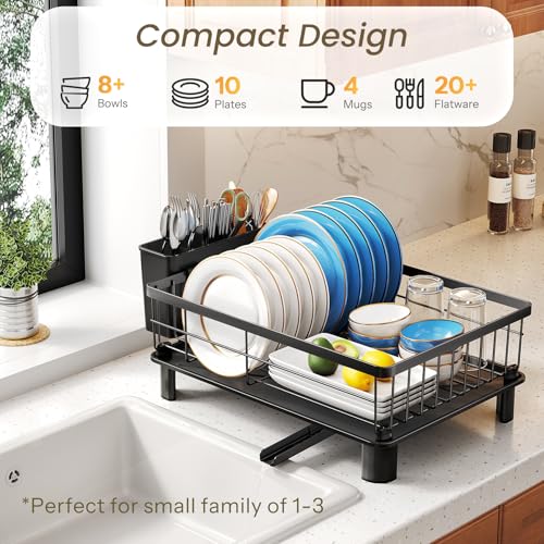 SNTD Dish Drying Rack - Space-Saving Dish Rack for Kitchen Counter, Stainless Steel Dish Drainer with Utensil Holder and Drainboard, 11" W x 15" L (Black) - My Kitchen Products