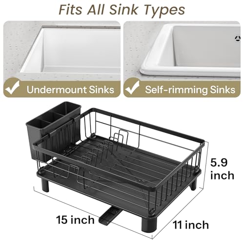 SNTD Dish Drying Rack - Space-Saving Dish Rack for Kitchen Counter, Stainless Steel Dish Drainer with Utensil Holder and Drainboard, 11" W x 15" L (Black) - My Kitchen Products