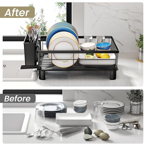 SNTD Dish Drying Rack - Space-Saving Dish Rack for Kitchen Counter, Stainless Steel Dish Drainer with Utensil Holder and Drainboard, 11" W x 15" L (Black) - My Kitchen Products