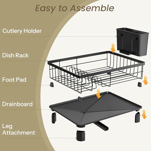 SNTD Dish Drying Rack - Space-Saving Dish Rack for Kitchen Counter, Stainless Steel Dish Drainer with Utensil Holder and Drainboard, 11" W x 15" L (Black) - My Kitchen Products