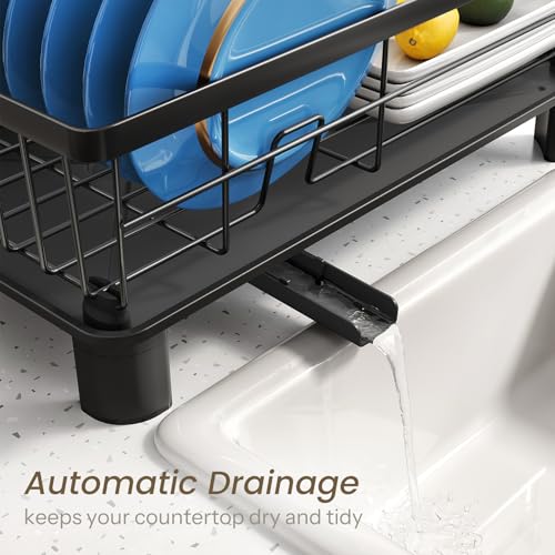 SNTD Dish Drying Rack - Space-Saving Dish Rack for Kitchen Counter, Stainless Steel Dish Drainer with Utensil Holder and Drainboard, 11" W x 15" L (Black) - My Kitchen Products