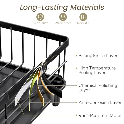 SNTD Dish Drying Rack - Space-Saving Dish Rack for Kitchen Counter, Stainless Steel Dish Drainer with Utensil Holder and Drainboard, 11" W x 15" L (Black) - My Kitchen Products
