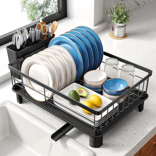 SNTD Dish Drying Rack - Space-Saving Dish Rack for Kitchen Counter, Stainless Steel Dish Drainer with Utensil Holder and Drainboard, 11" W x 15" L (Black) - My Kitchen Products