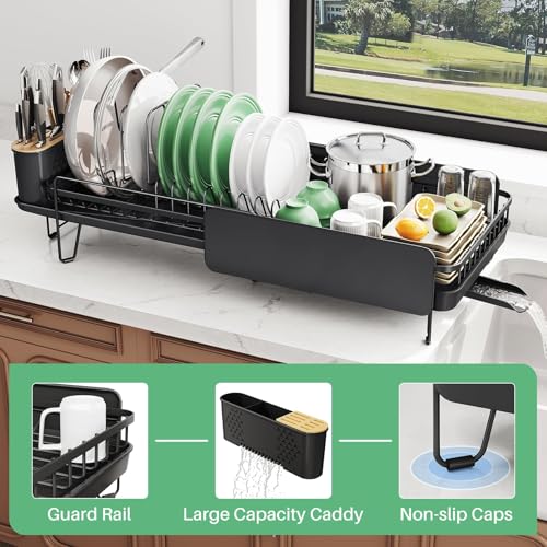 SNTD Large Dish Drying Rack - Expandable (19.3" to 29.4") Dish Rack for Kitchen Counter, Stainless Steel Dish Drainer with Utensil Holder, Pan Holder & Pot Lid Holder (Black) - My Kitchen Products