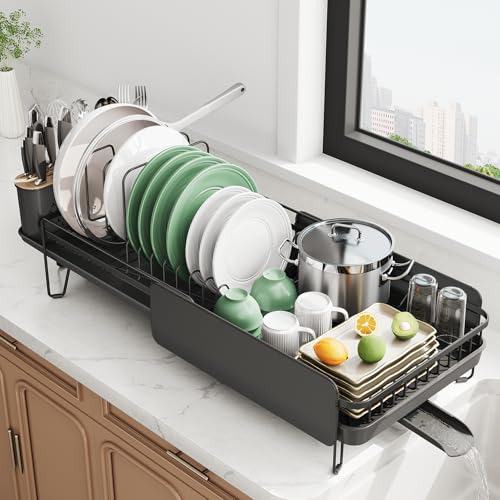 SNTD Large Dish Drying Rack - Expandable (19.3" to 29.4") Dish Rack for Kitchen Counter, Stainless Steel Dish Drainer with Utensil Holder, Pan Holder & Pot Lid Holder (Black) - My Kitchen Products