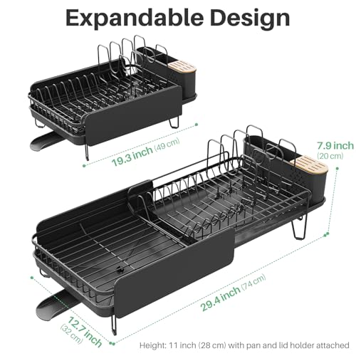 SNTD Large Dish Drying Rack - Expandable (19.3" to 29.4") Dish Rack for Kitchen Counter, Stainless Steel Dish Drainer with Utensil Holder, Pan Holder & Pot Lid Holder (Black) - My Kitchen Products