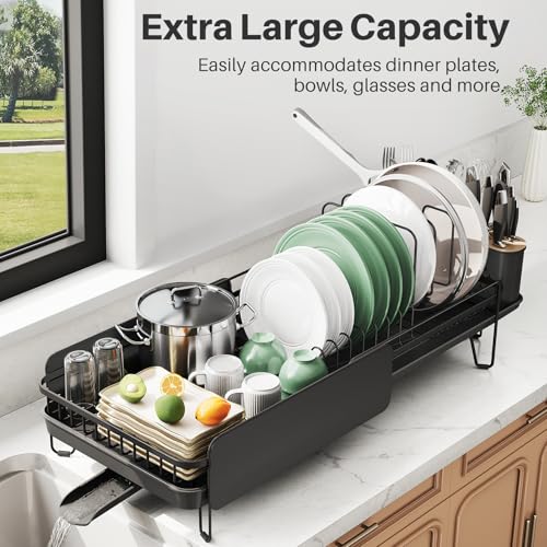 SNTD Large Dish Drying Rack - Expandable (19.3" to 29.4") Dish Rack for Kitchen Counter, Stainless Steel Dish Drainer with Utensil Holder, Pan Holder & Pot Lid Holder (Black) - My Kitchen Products