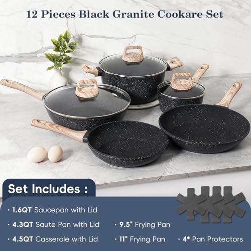 SODAY Pots and Pans Set Non Stick, 12Pcs Black Granite Induction Cookware - My Kitchen Products