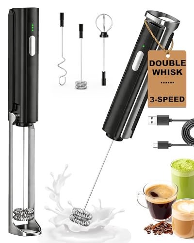 Soenglyun 3-Speed Rechargeable Milk Frother Handheld with Stand & 3 Whisks, Dual Coil Whisk Coffee Frother Handheld - Electric Frother Wand for Coffee Matcha Cappuccino, Kitchen Gift Set, Black - My Kitchen Products