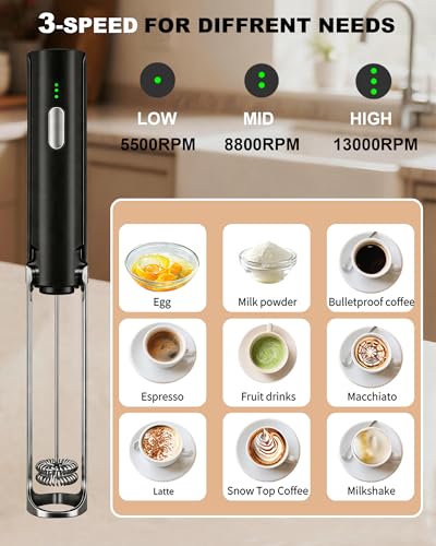 Soenglyun 3-Speed Rechargeable Milk Frother Handheld with Stand & 3 Whisks, Dual Coil Whisk Coffee Frother Handheld - Electric Frother Wand for Coffee Matcha Cappuccino, Kitchen Gift Set, Black - My Kitchen Products