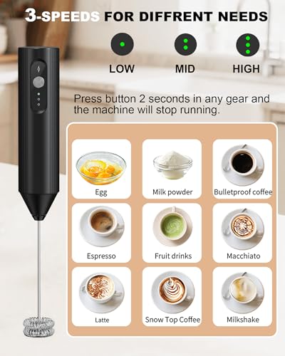 Soenglyun 3-Speed Rechargeable Milk Frother with Cover, Dual Coil Whisk Coffee Frother Handheld - Portable Hand Frother Wand for Coffee Matcha Cappuccino & Hot Chocolate, Kitchen Gift, Black - My Kitchen Products