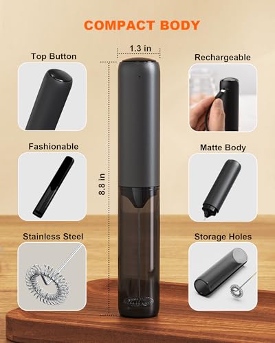 Soenglyun Rechargeable Milk Frother Handheld with Cover, Electric Drink Mixer with Stainless Steel Whisk - Portable Hand Frother Wand for Matcha Latte Cappuccino & Hot Chocolate, Single Speed - My Kitchen Products
