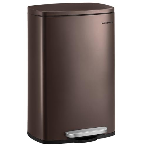 SONGMICS 13 Gallon (50 L) Trash Can, Stainless Steel Kitchen Garbage Can, Recycling or Waste Bin, Soft Close, Step-On Pedal, Removable Inner Bucket, Brown ULTB50BR - My Kitchen Products