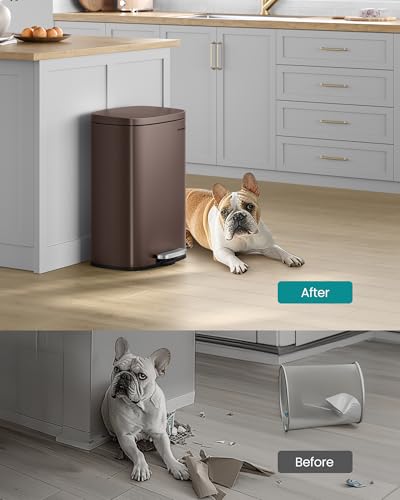 SONGMICS 13 Gallon (50 L) Trash Can, Stainless Steel Kitchen Garbage Can, Recycling or Waste Bin, Soft Close, Step-On Pedal, Removable Inner Bucket, Brown ULTB50BR - My Kitchen Products
