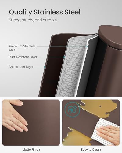 SONGMICS 13 Gallon (50 L) Trash Can, Stainless Steel Kitchen Garbage Can, Recycling or Waste Bin, Soft Close, Step-On Pedal, Removable Inner Bucket, Brown ULTB50BR - My Kitchen Products