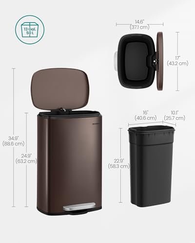 SONGMICS 13 Gallon (50 L) Trash Can, Stainless Steel Kitchen Garbage Can, Recycling or Waste Bin, Soft Close, Step-On Pedal, Removable Inner Bucket, Brown ULTB50BR - My Kitchen Products