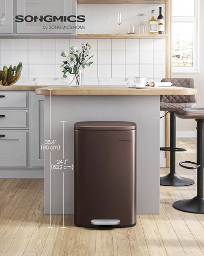 SONGMICS 13 Gallon (50 L) Trash Can, Stainless Steel Kitchen Garbage Can, Recycling or Waste Bin, Soft Close, Step-On Pedal, Removable Inner Bucket, Brown ULTB50BR - My Kitchen Products