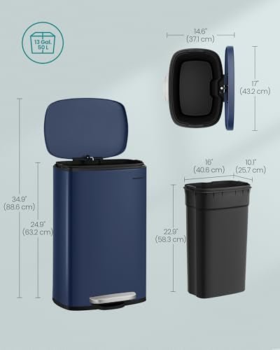 SONGMICS 13 Gallon (50 L) Trash Can, Stainless Steel Kitchen Garbage Can, Recycling or Waste Bin, Soft Close, Step-On Pedal, Removable Inner Bucket, Midnight Blue ULTB050L01 - My Kitchen Products