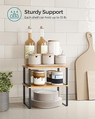 SONGMICS Cabinet Organizer Shelf, Set of 2 Kitchen Counter Shelves, Kitchen Storage, Spice Rack, Stackable, Expandable, Metal and Engineered Wood, 11.7 Inches, Ink Black and Natural Beige UKCS02NB - My Kitchen Products
