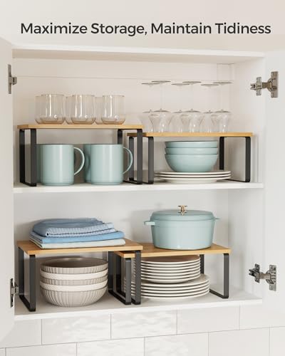 SONGMICS Cabinet Organizer Shelf, Set of 2 Kitchen Counter Shelves, Kitchen Storage, Spice Rack, Stackable, Expandable, Metal and Engineered Wood, 11.7 Inches, Ink Black and Natural Beige UKCS02NB - My Kitchen Products