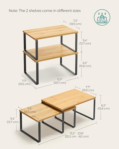 SONGMICS Cabinet Organizer Shelf, Set of 2 Kitchen Counter Shelves, Kitchen Storage, Spice Rack, Stackable, Expandable, Metal and Engineered Wood, 11.7 Inches, Ink Black and Natural Beige UKCS02NB - My Kitchen Products