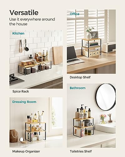 SONGMICS Cabinet Organizer Shelf, Set of 2 Kitchen Counter Shelves, Kitchen Storage, Spice Rack, Stackable, Expandable, Metal and Engineered Wood, 11.7 Inches, Ink Black and Natural Beige UKCS02NB - My Kitchen Products