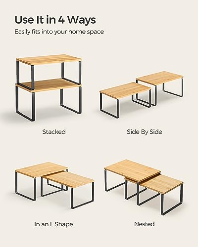 SONGMICS Cabinet Organizer Shelf, Set of 2 Kitchen Counter Shelves, Kitchen Storage, Spice Rack, Stackable, Expandable, Metal and Engineered Wood, 11.7 Inches, Ink Black and Natural Beige UKCS02NB - My Kitchen Products