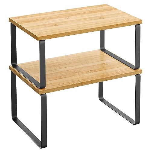 SONGMICS Cabinet Organizer Shelf, Set of 2 Kitchen Counter Shelves, Kitchen Storage, Spice Rack, Stackable, Expandable, Metal and Engineered Wood, 11.7 Inches, Ink Black and Natural Beige UKCS02NB - My Kitchen Products