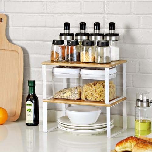 SONGMICS Cabinet Organizer Shelf, Set of 4 Kitchen Counter Shelves, Kitchen Storage, Spice Rack, Stackable, Expandable, Metal and Engineered Wood, Cloud White and Natural Beige UKCS010N01 - My Kitchen Products