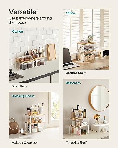 SONGMICS Cabinet Organizer Shelf, Set of 4 Kitchen Counter Shelves, Kitchen Storage, Spice Rack, Stackable, Expandable, Metal and Engineered Wood, Cloud White and Natural Beige UKCS010N01 - My Kitchen Products
