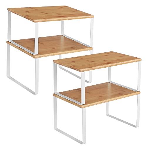 SONGMICS Cabinet Organizer Shelf, Set of 4 Kitchen Counter Shelves, Kitchen Storage, Spice Rack, Stackable, Expandable, Metal and Engineered Wood, Cloud White and Natural Beige UKCS010N01 - My Kitchen Products