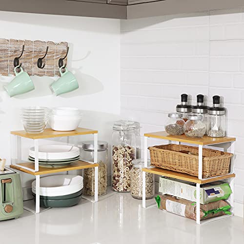 SONGMICS Cabinet Organizer Shelf, Set of 4 Kitchen Counter Shelves, Kitchen Storage, Spice Rack, Stackable, Expandable, Metal and Engineered Wood, Cloud White and Natural Beige UKCS010N01 - My Kitchen Products
