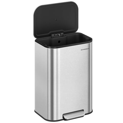 SONGMICS Kitchen Trash Can, 13-Gallon (50 L) Garbage Can with Lid, Stainless Steel, Soft Close and Stays Open, Inner Bucket, Wide Non-Slip Pedal, Metallic Silver ULTB547E01 - My Kitchen Products