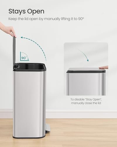 SONGMICS Kitchen Trash Can, 13-Gallon (50 L) Garbage Can with Lid, Stainless Steel, Soft Close and Stays Open, Inner Bucket, Wide Non-Slip Pedal, Metallic Silver ULTB547E01 - My Kitchen Products