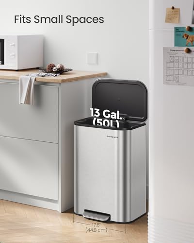 SONGMICS Kitchen Trash Can, 13-Gallon (50 L) Garbage Can with Lid, Stainless Steel, Soft Close and Stays Open, Inner Bucket, Wide Non-Slip Pedal, Metallic Silver ULTB547E01 - My Kitchen Products