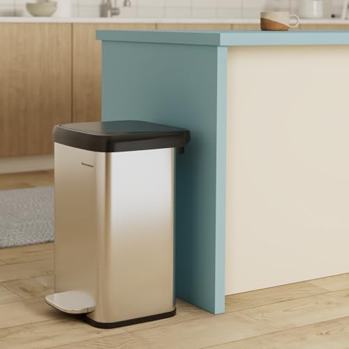 SONGMICS Kitchen Trash Can, 13 Gallon (50 L) Stainless Steel Garbage Can, with Stay-Open Lid and Step-on Pedal, Soft Closure, Tall, Large and Space-Saving, Silver and Black ULTB530E50 - My Kitchen Products
