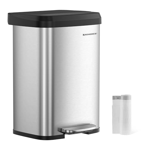SONGMICS Kitchen Trash Can, 13 Gallon (50 L) Stainless Steel Garbage Can, with Stay-Open Lid and Step-on Pedal, Soft Closure, Tall, Large and Space-Saving, Silver and Black ULTB530E50 - My Kitchen Products