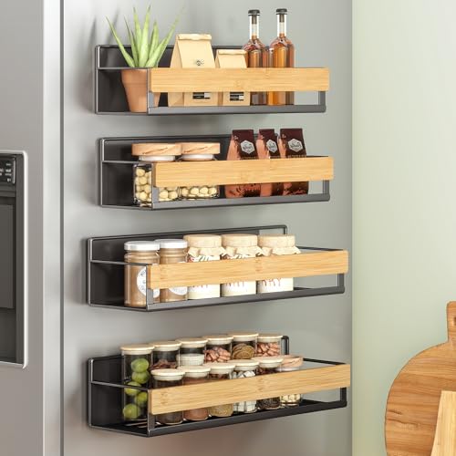 SONGMICS Magnetic Bamboo Spice Rack for Refrigerator, 4 Pack, 2 Large and 2 Small Kitchen Magnetic Shelves for Washing Machine, Spice Organizers, No Drilling Needed, Ink Black UKCS062BH01 - My Kitchen Products