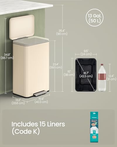 SONGMICS Trash Can, 13 Gallon (50 L) Garbage Can for Kitchen, with Lid, Pedal, and Removable Inner Bucket, Soft Close, Stainless Steel, 15 Trash Bags (Code K) Included, Cream White ULTB586LZ01 - My Kitchen Products